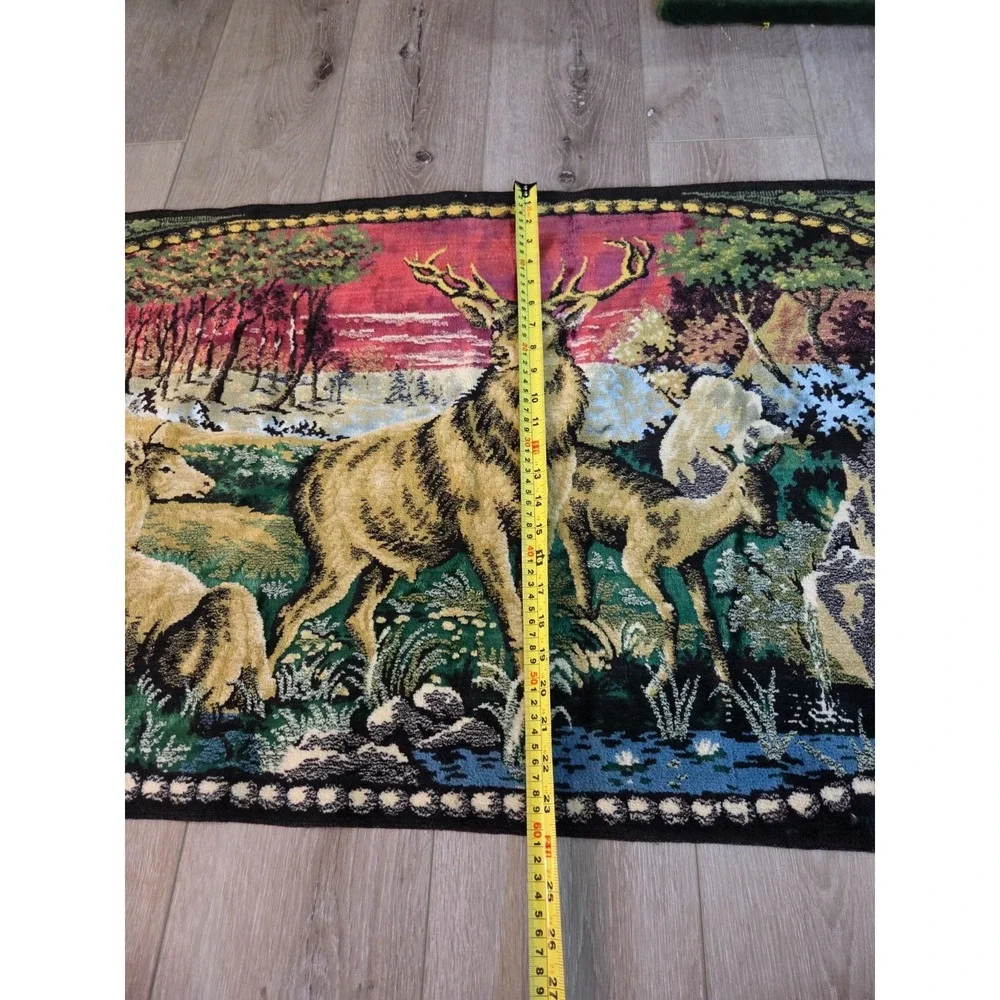 Vintage 50s Italian Fringed Tapestry Rug Wall Hanging Country Scene Deer 48''